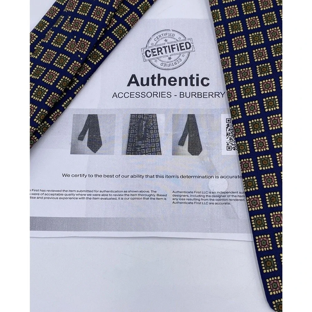 Burberrys Authenticatede 100 % Silk Tie‎ Blue Yellow Orange Geometric Fouland
